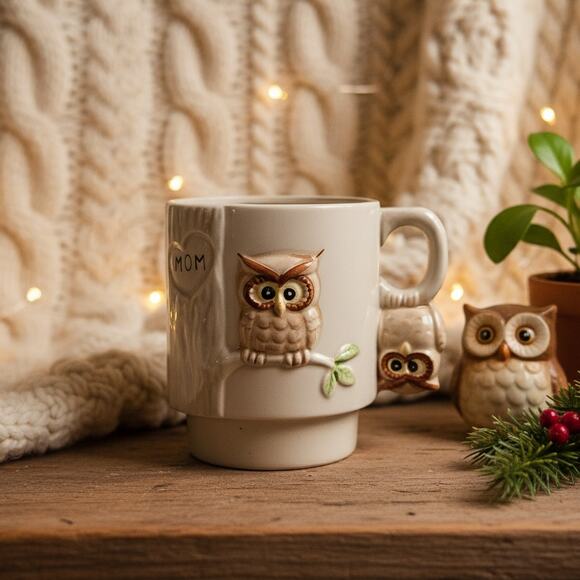 Vintage 1980s Enesco Owl Stacking Mug – 3D Ceramic Coffee Cup - Mom Tree Carving - Picture 1 of 13